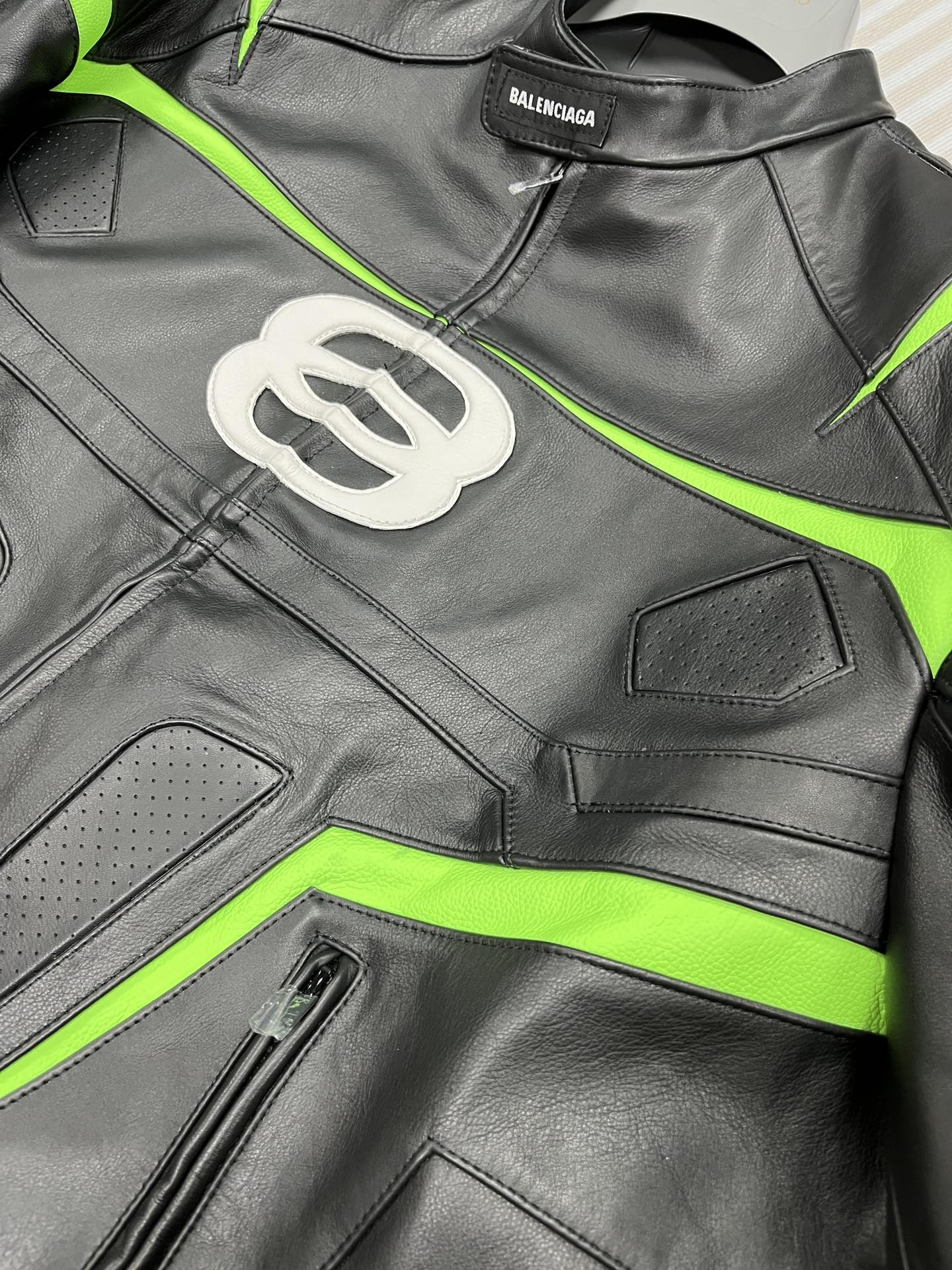 Balenciaga Oversized Leather Bikers Jacket – Jet Black / Neon