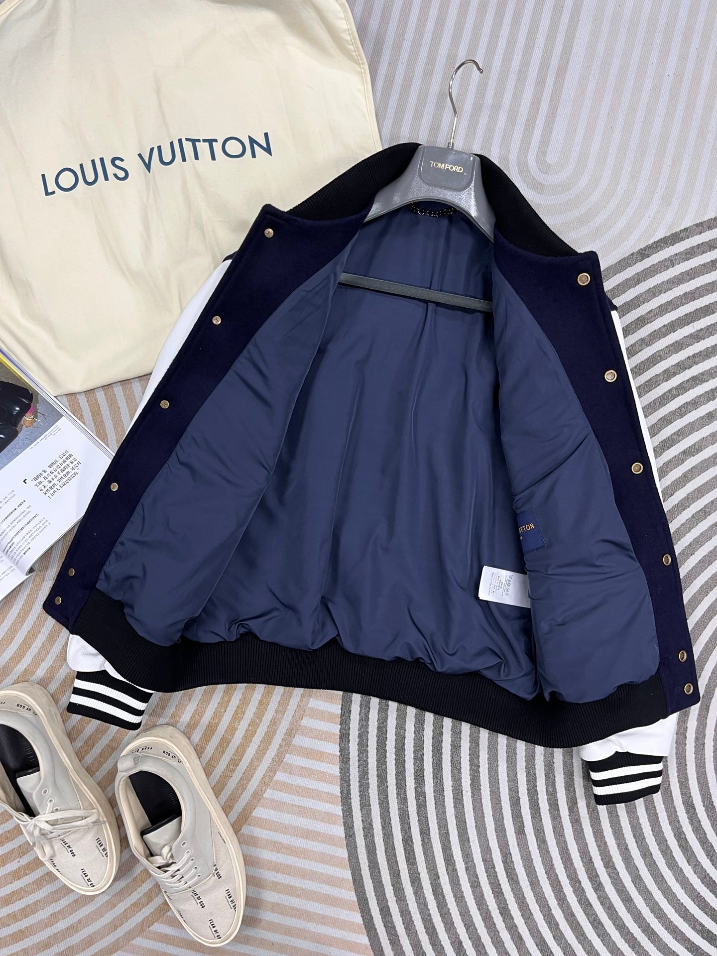 Louis Vuitton Calfskin Varsity Jacket – Navy & White Seashell Edition For Sale