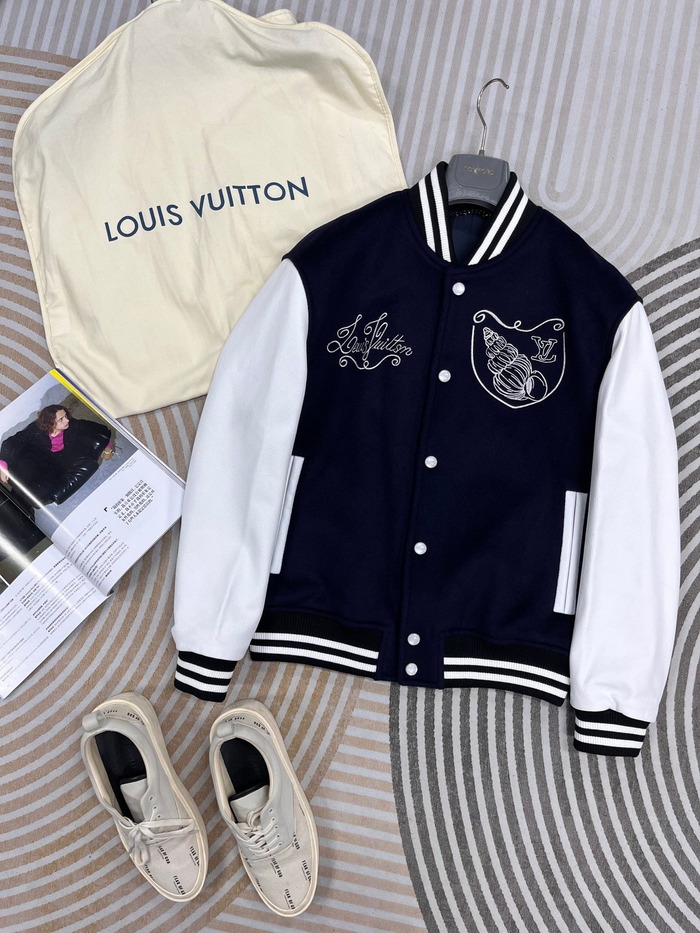 Louis Vuitton Calfskin Varsity Jacket – Navy & White Seashell Edition For Sale