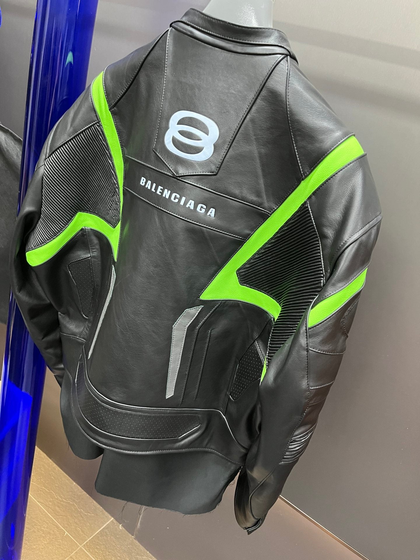 Balenciaga Oversized Leather Bikers Jacket – Jet Black / Neon