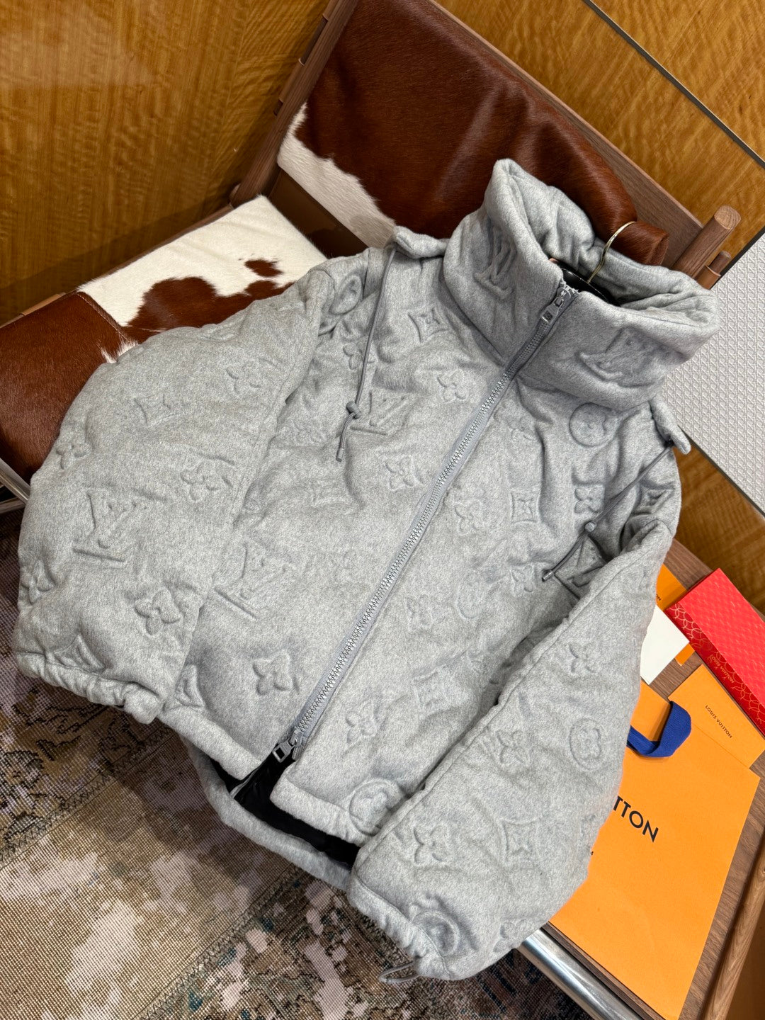 Louis Vuitton Show Full-Print Embossed Gray Logo Down  Winter Jacket