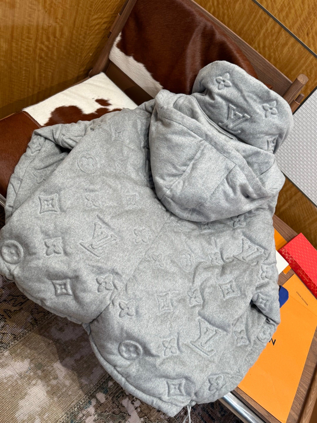 Louis Vuitton Show Full-Print Embossed Gray Logo Down  Winter Jacket