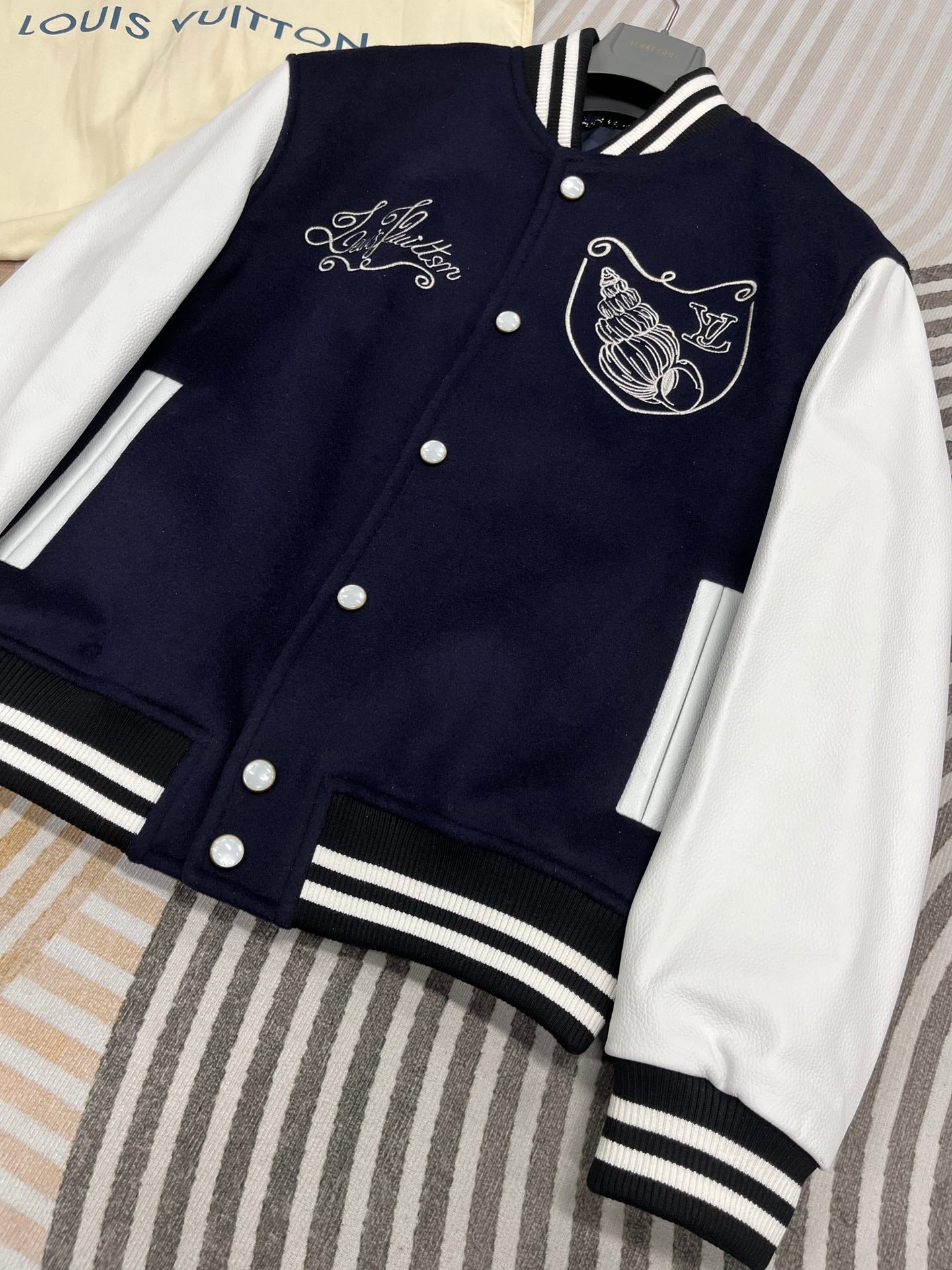 Louis Vuitton Calfskin Varsity Jacket – Navy & White Seashell Edition For Sale