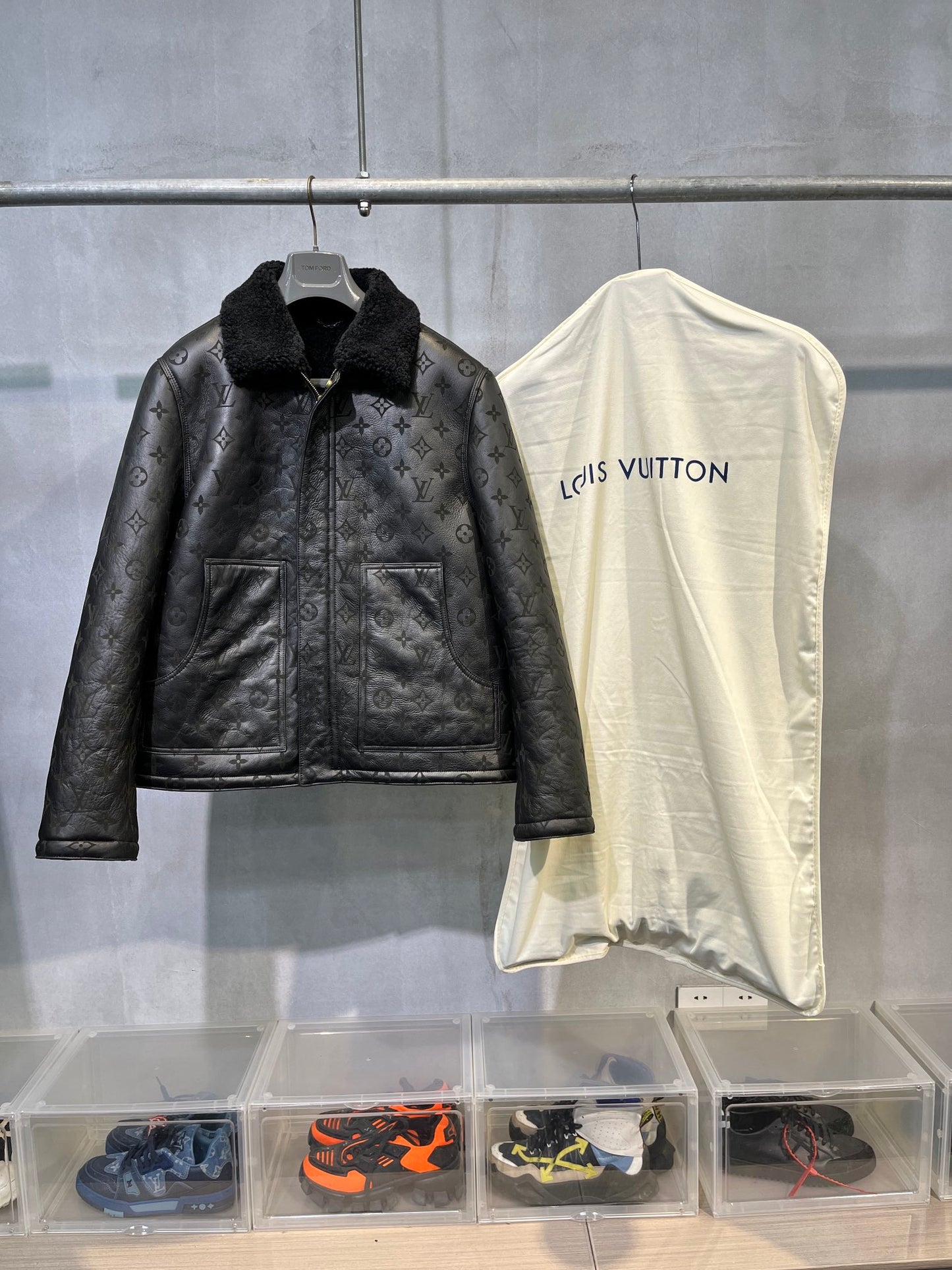 Louis Vuitton Black Full Monogram Shearling Leather Winter Jacket For Sale