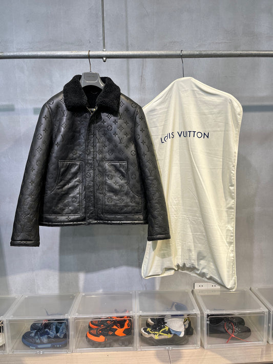Louis Vuitton Black Full Monogram Shearling Leather Winter Jacket For Sale