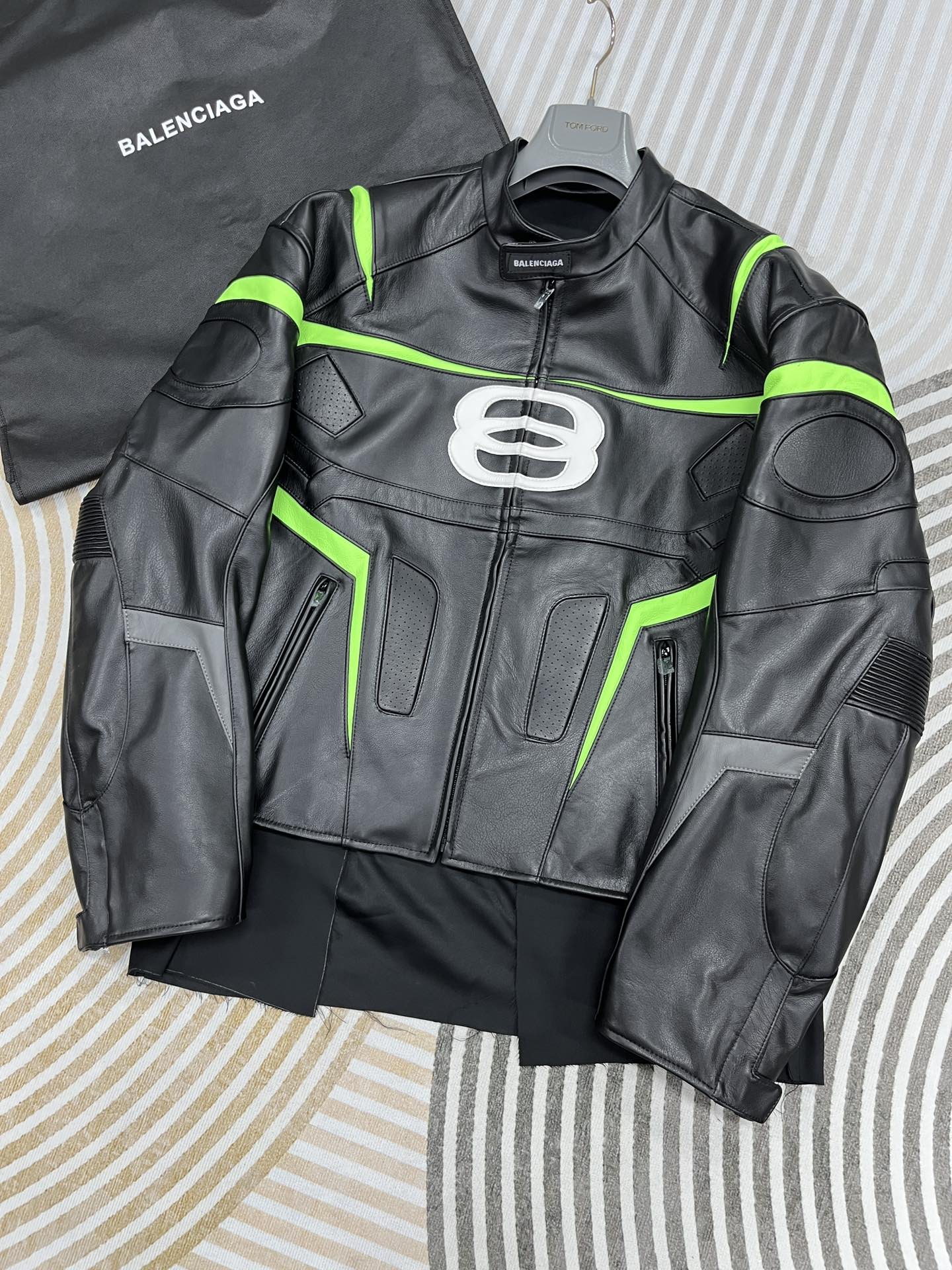 Balenciaga Oversized Leather Bikers Jacket – Jet Black / Neon