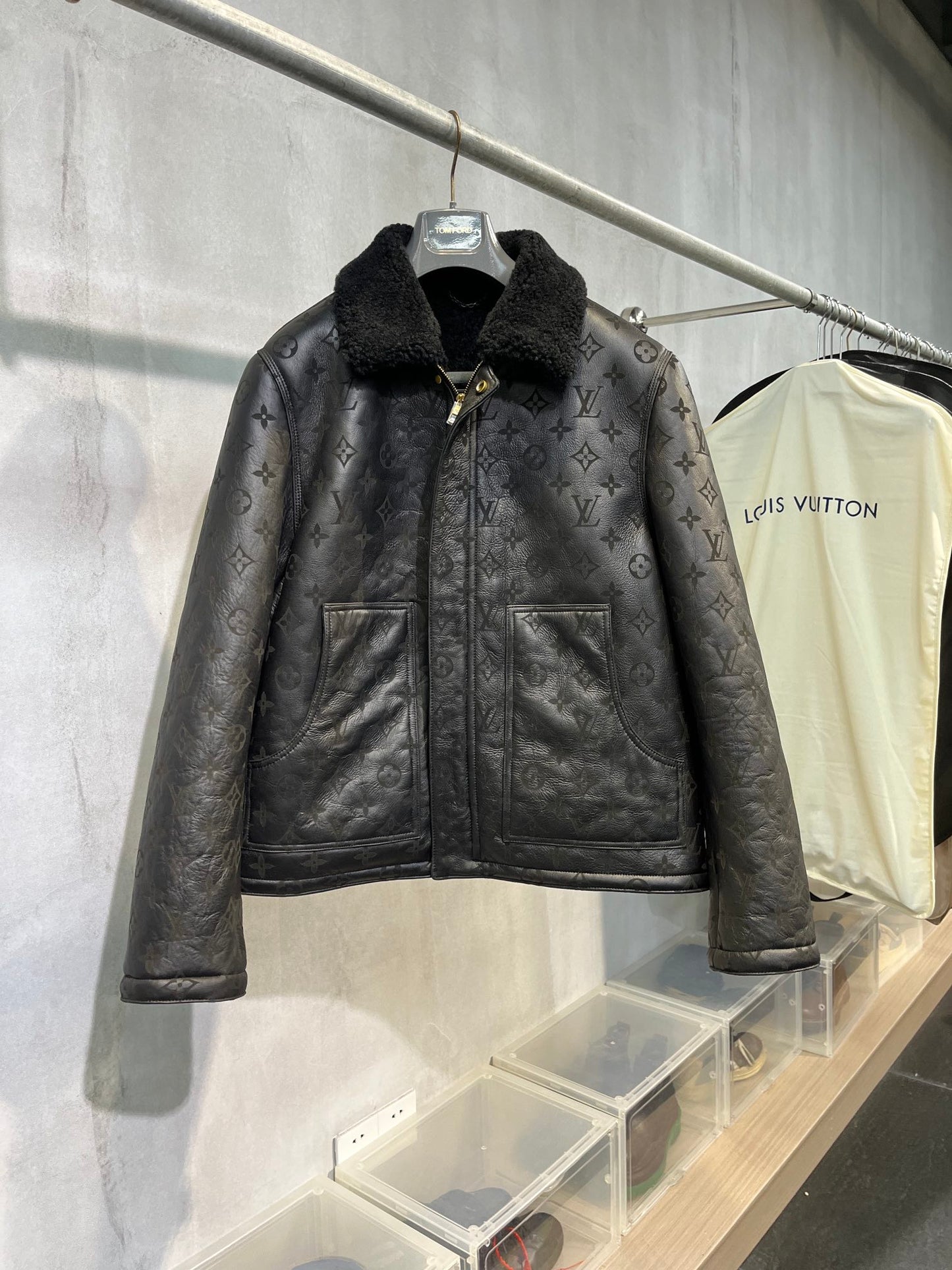 Louis Vuitton Black Full Monogram Shearling Leather Winter Jacket For Sale