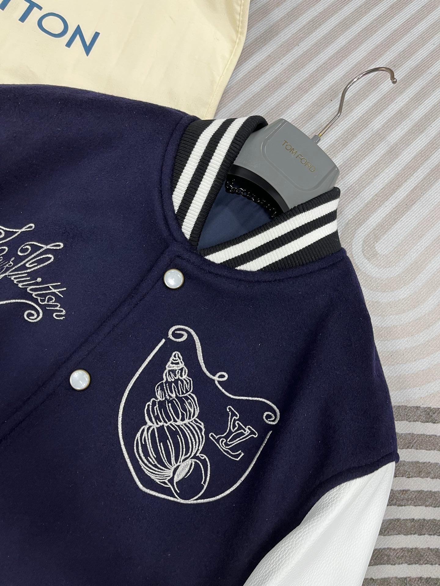 Louis Vuitton Calfskin Varsity Jacket – Navy & White Seashell Edition For Sale
