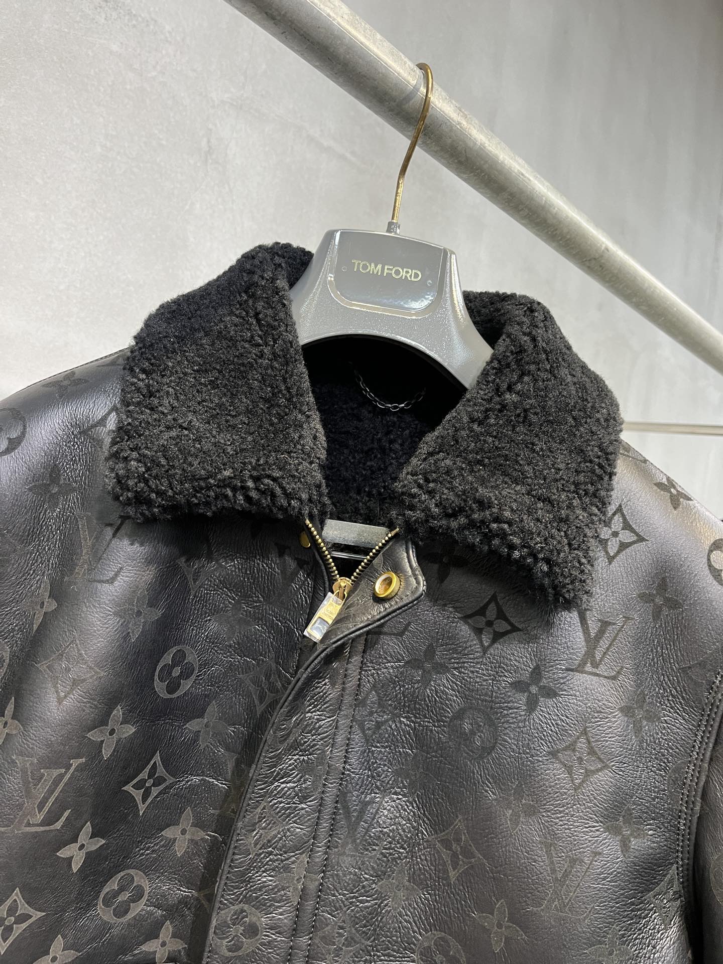 Louis Vuitton Black Full Monogram Shearling Leather Winter Jacket For Sale