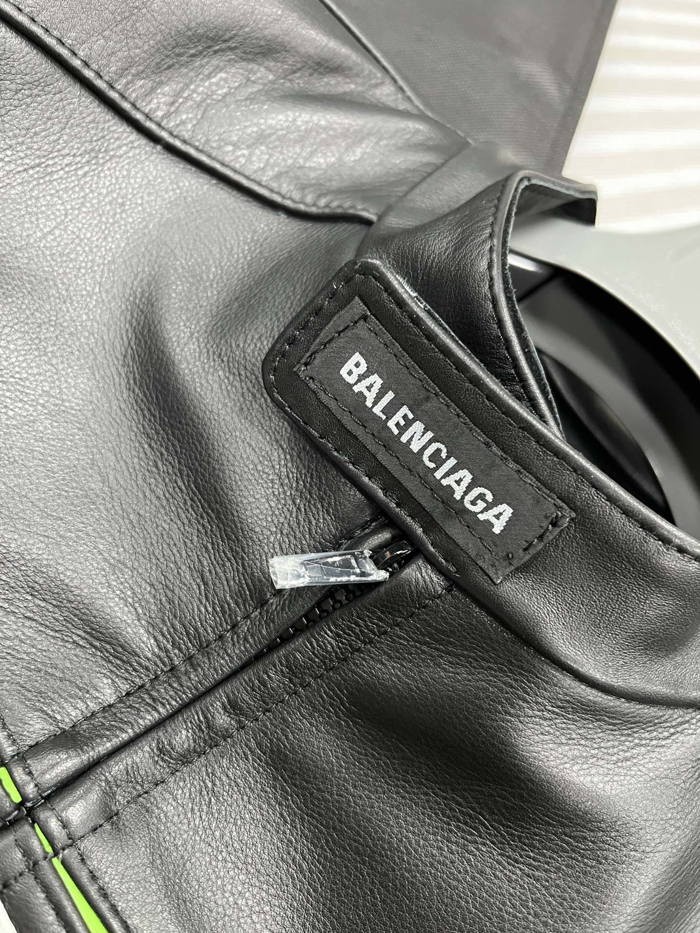 Balenciaga Oversized Leather Bikers Jacket – Jet Black / Neon