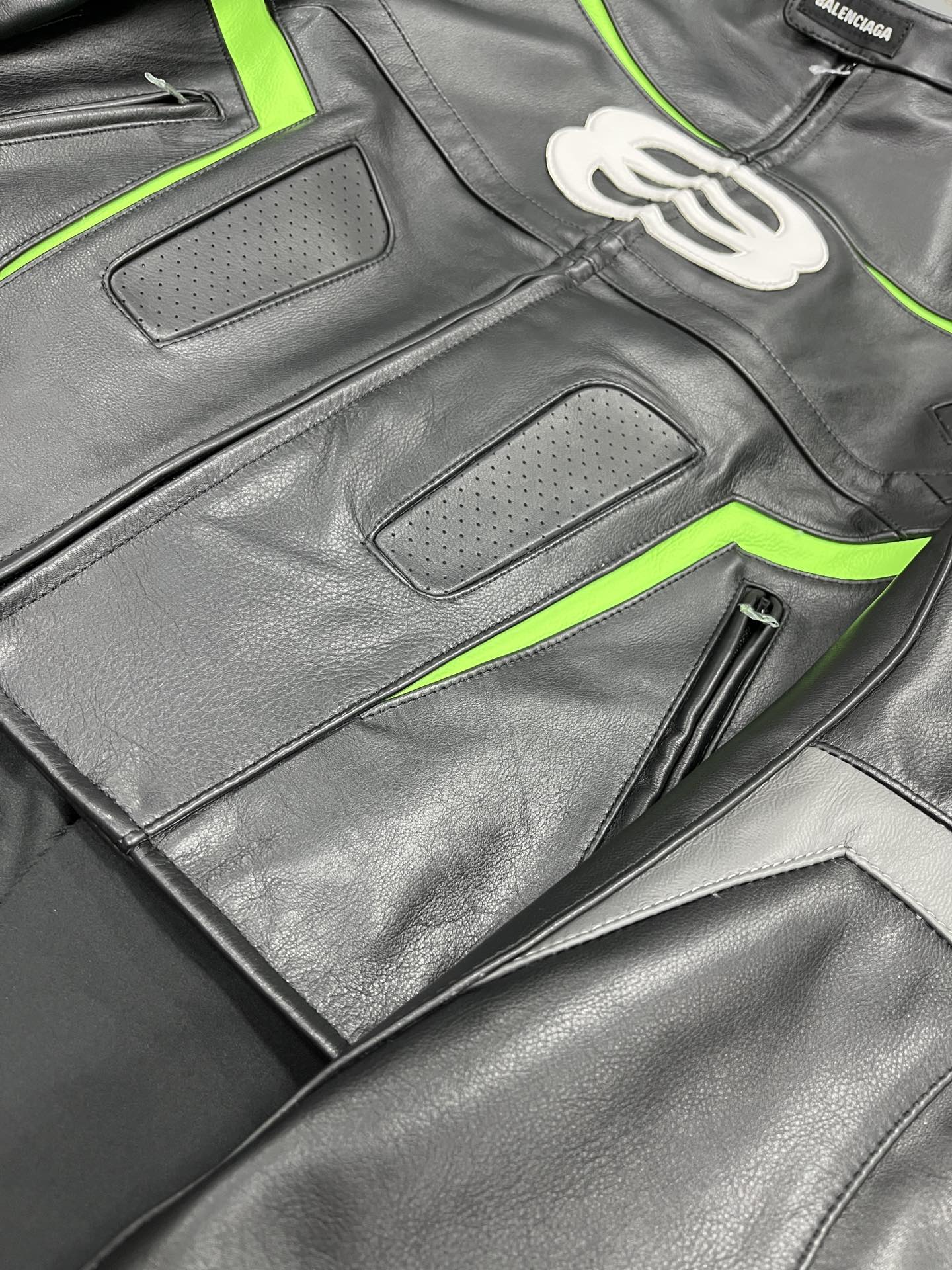 Balenciaga Oversized Leather Bikers Jacket – Jet Black / Neon