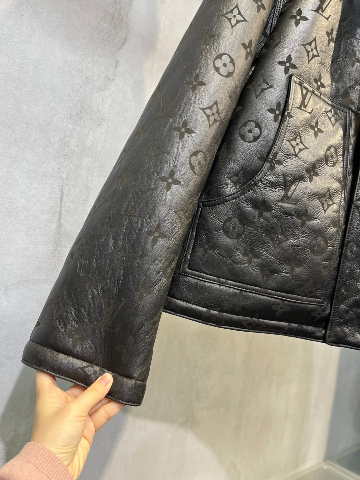 Louis Vuitton Black Full Monogram Shearling Leather Winter Jacket For Sale