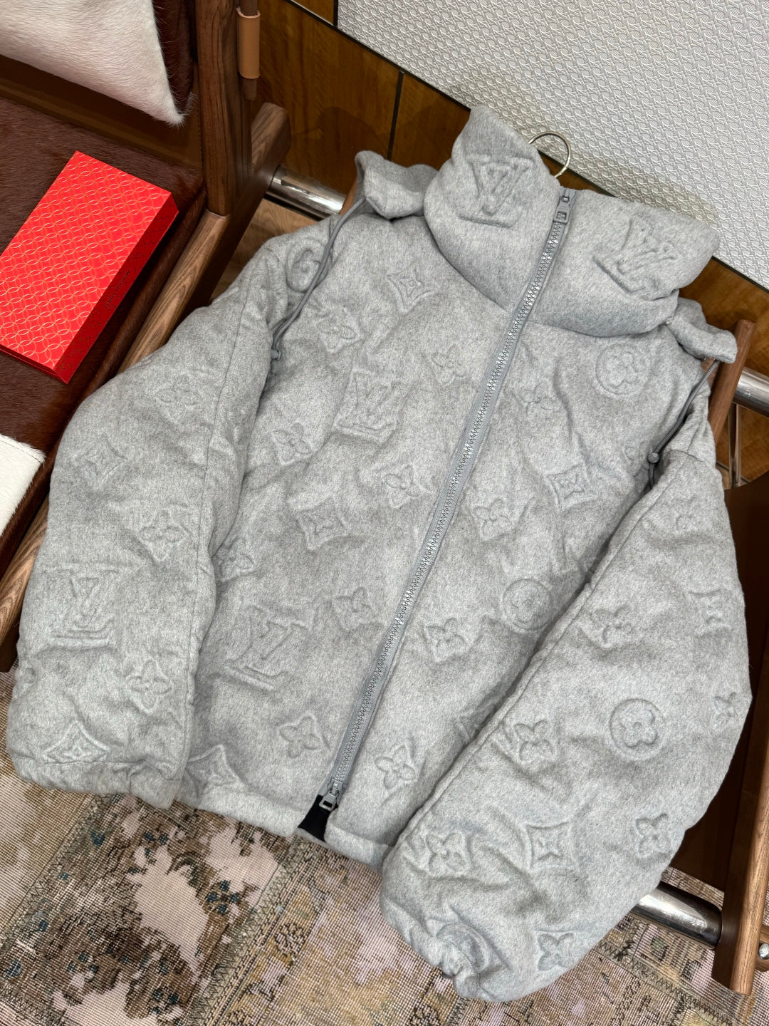 Louis Vuitton Show Full-Print Embossed Gray Logo Down  Winter Jacket