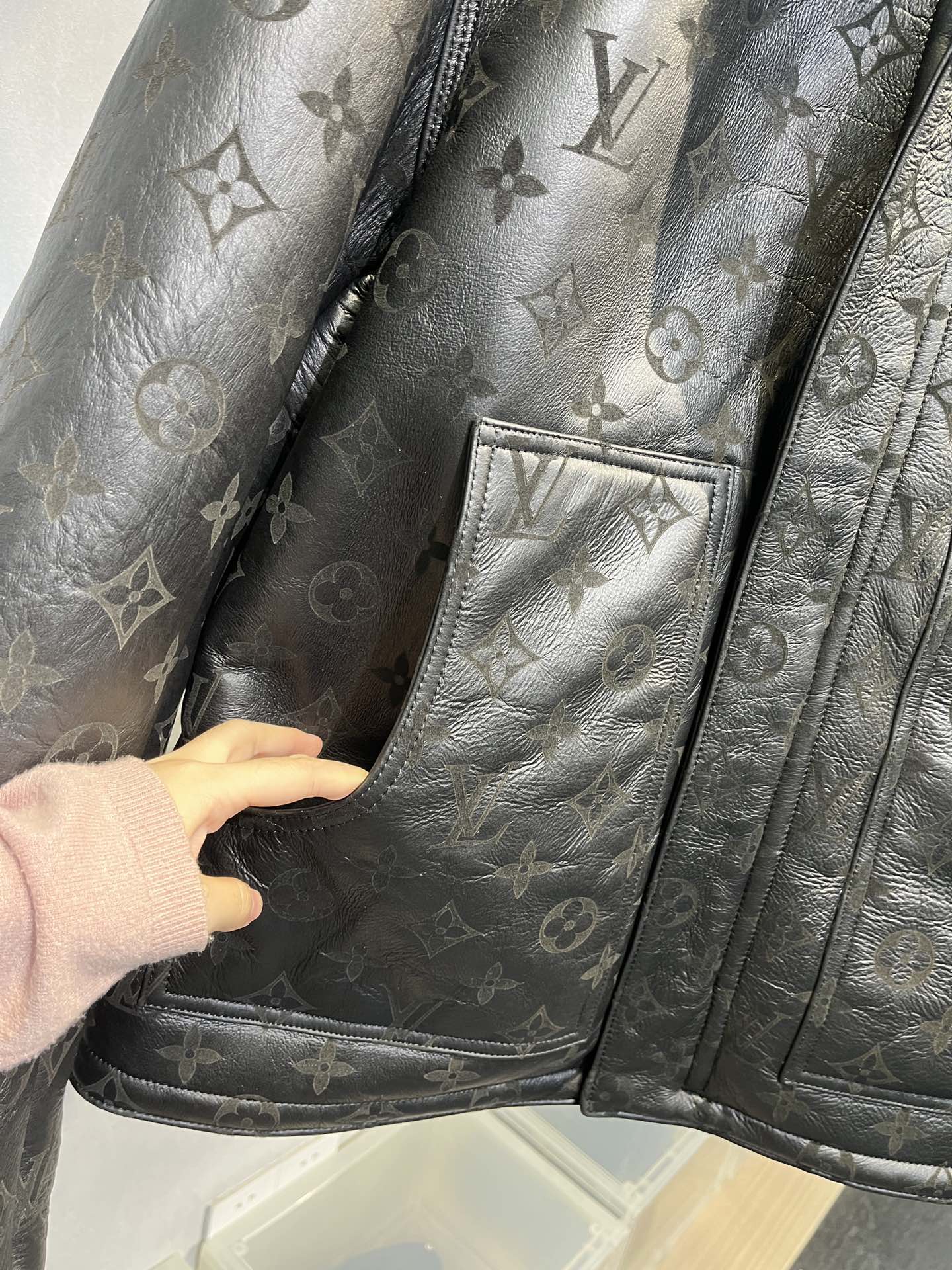 Louis Vuitton Black Full Monogram Shearling Leather Winter Jacket For Sale