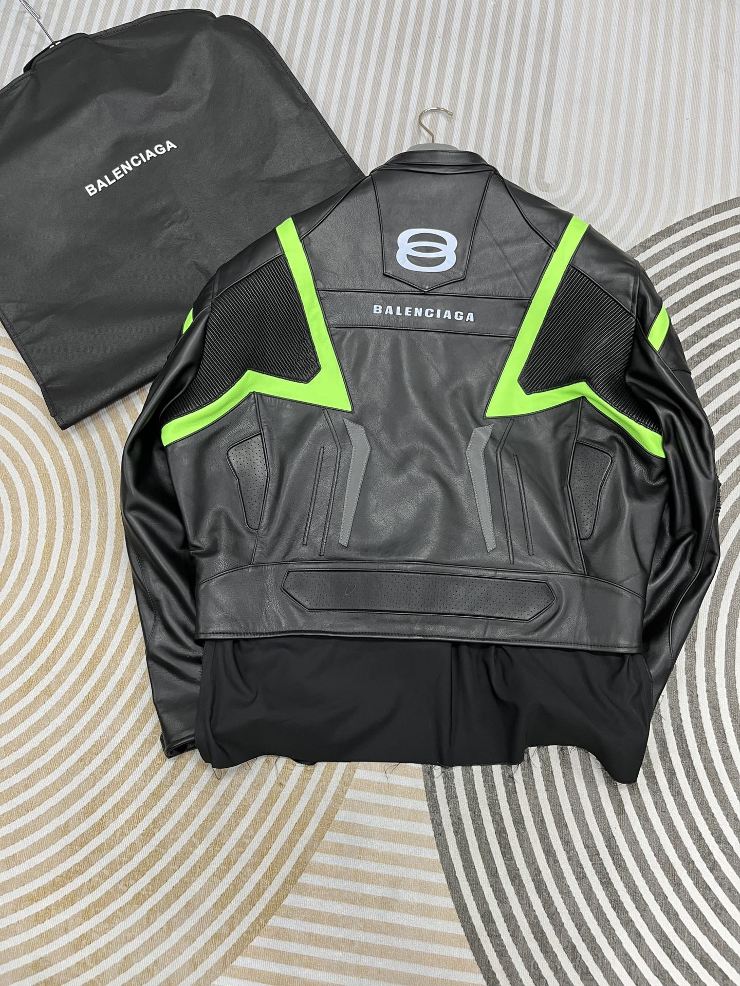 Balenciaga Oversized Leather Bikers Jacket – Jet Black / Neon