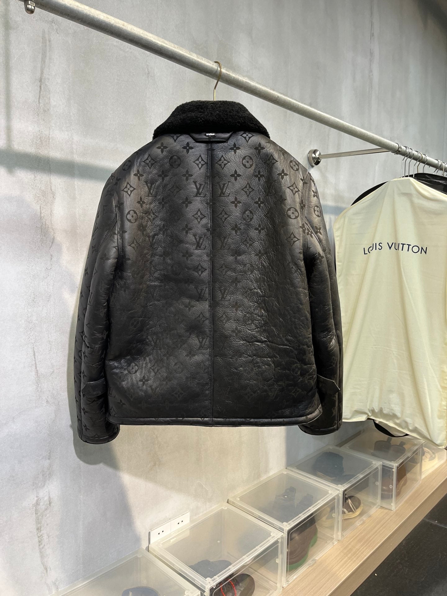 Louis Vuitton Black Full Monogram Shearling Leather Winter Jacket For Sale