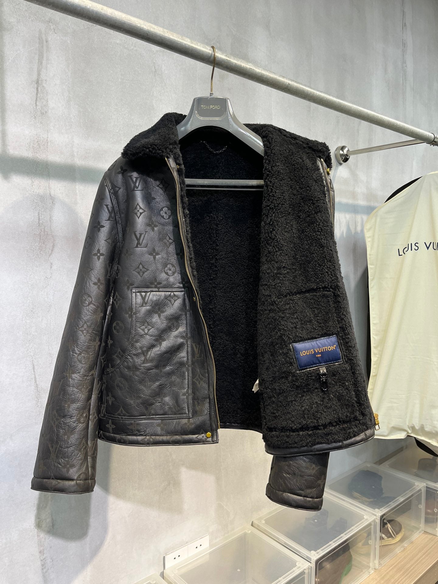 Louis Vuitton Black Full Monogram Shearling Leather Winter Jacket For Sale