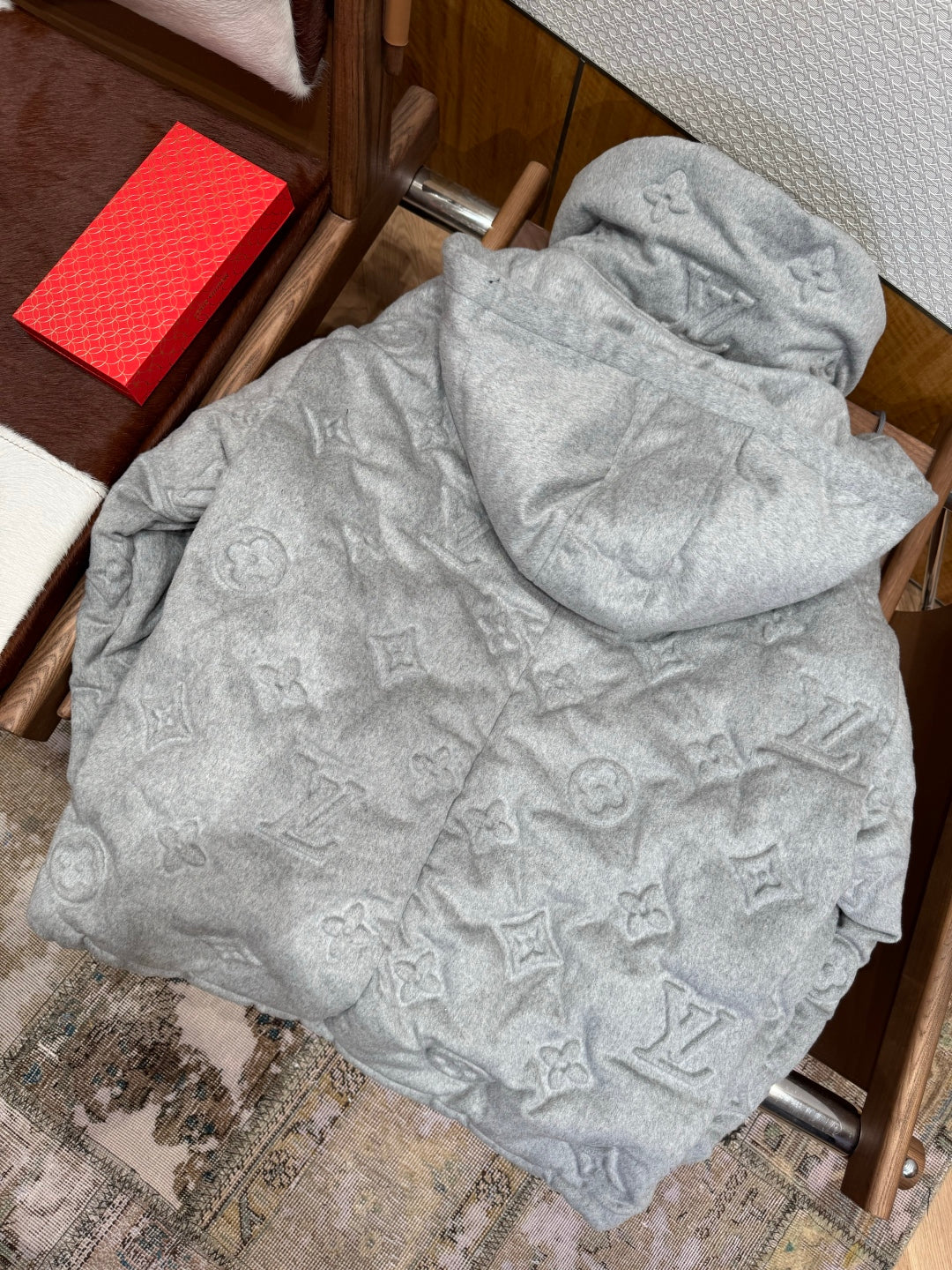 Louis Vuitton Show Full-Print Embossed Gray Logo Down  Winter Jacket