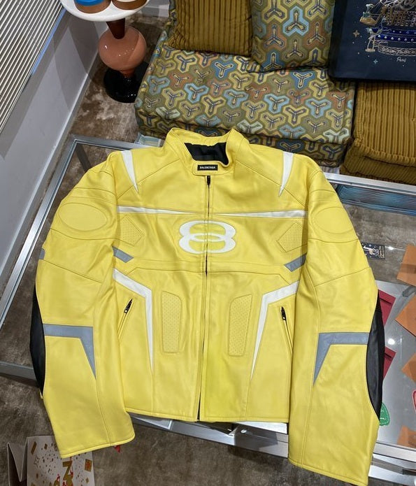 Balenciaga Racer Oversized Distressed Panelled Leather Jacket – Signal Yellow