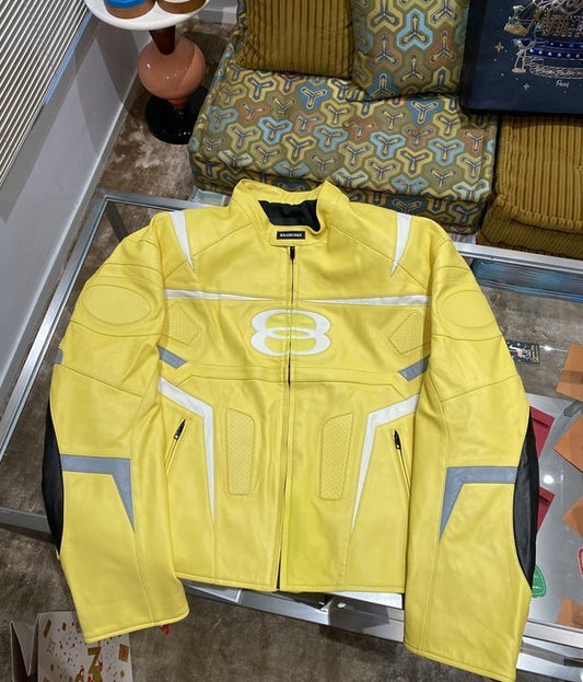 Balenciaga Racer Oversized Distressed Panelled Leather Jacket – Signal Yellow