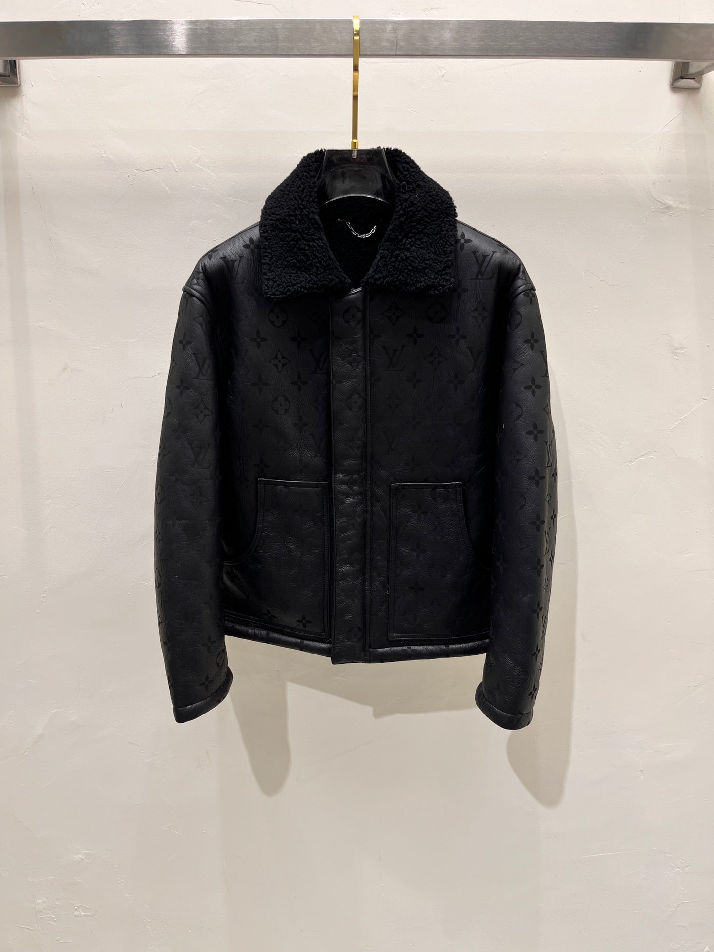 Louis Vuitton Black Full Monogram Shearling Leather Winter Jacket For Sale
