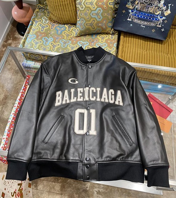 Balenciaga Men’s Basketball Series Bomber Leather Jacket – Black / White