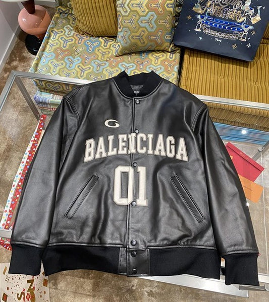 Balenciaga Men’s Basketball Series Bomber Leather Jacket – Black / White