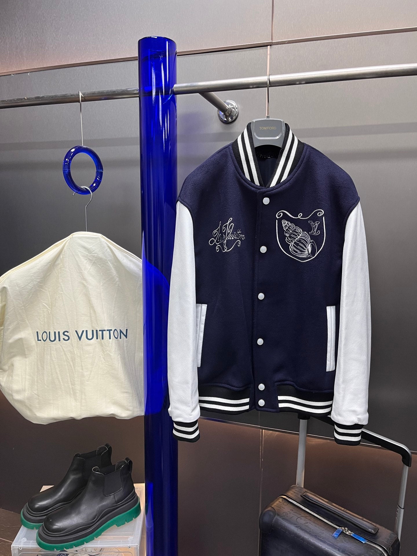 Louis Vuitton Calfskin Varsity Jacket – Navy & White Seashell Edition For Sale