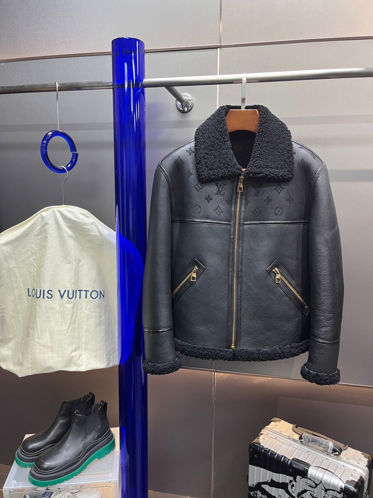 Louis Vuitton Black Monogram Shearling Leather Winter Jacket For Sale