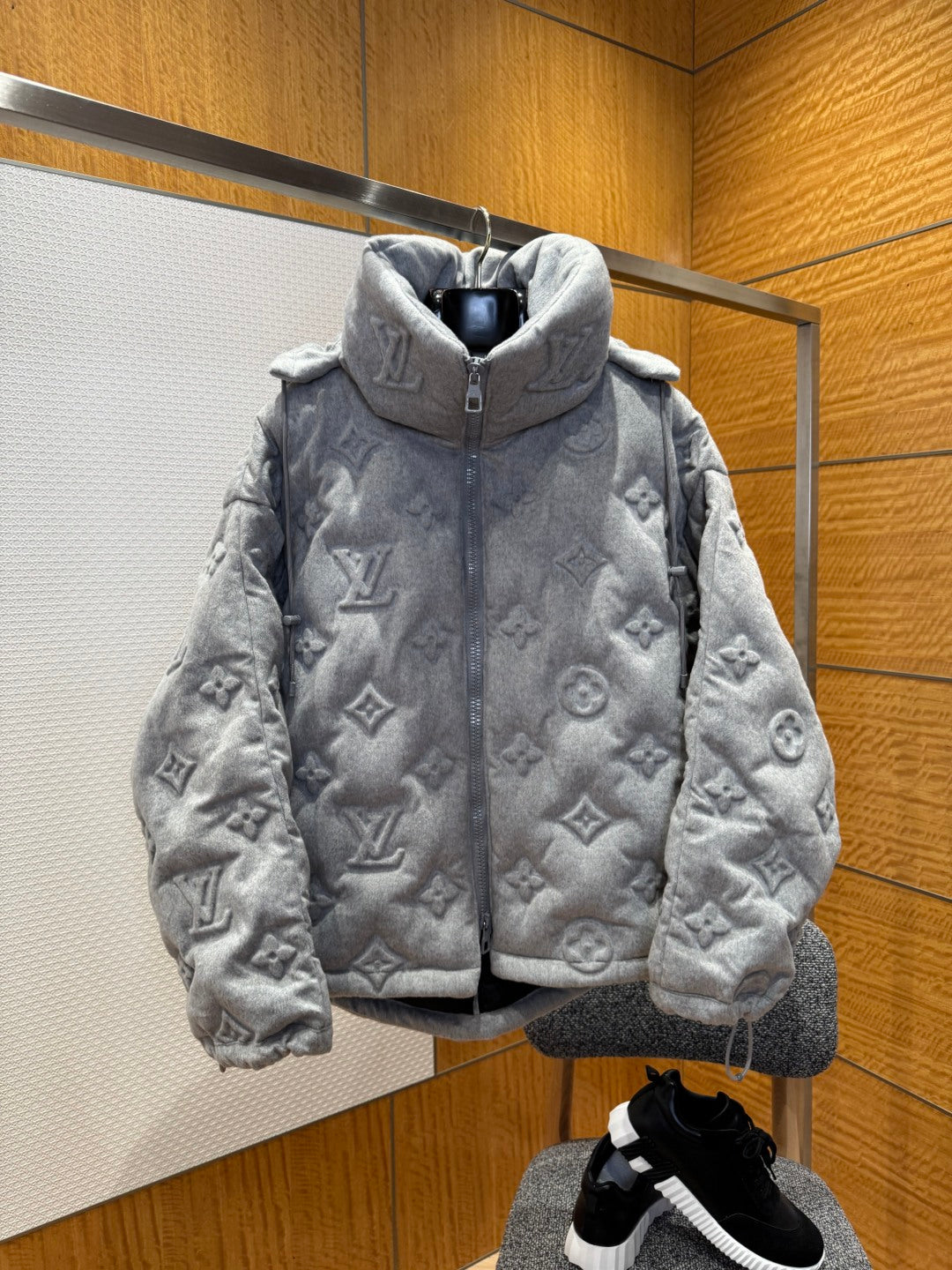 Louis Vuitton Show Full-Print Embossed Gray Logo Down  Winter Jacket