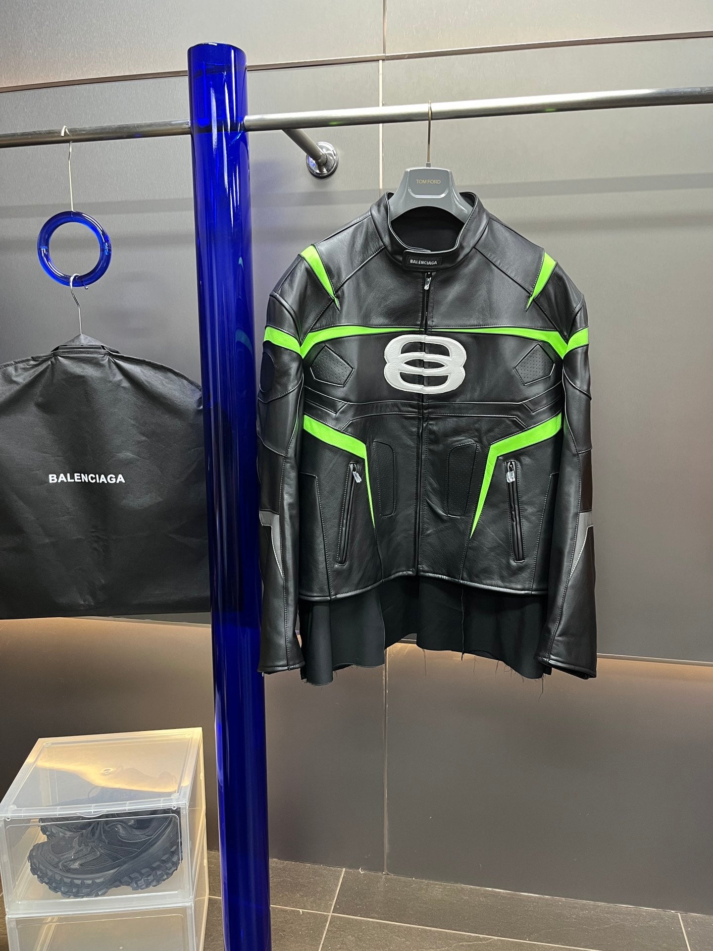 Balenciaga Oversized Leather Bikers Jacket – Jet Black / Neon