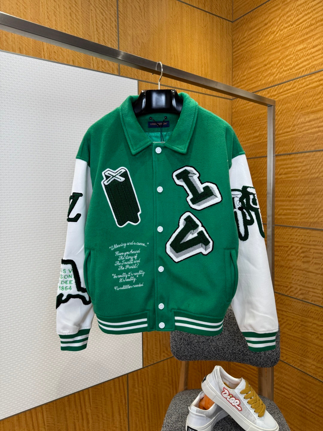 Louis Vuitton Virgil Abloh Green Varsity Leather Winter Jacket – Men’s FW21 For Sale