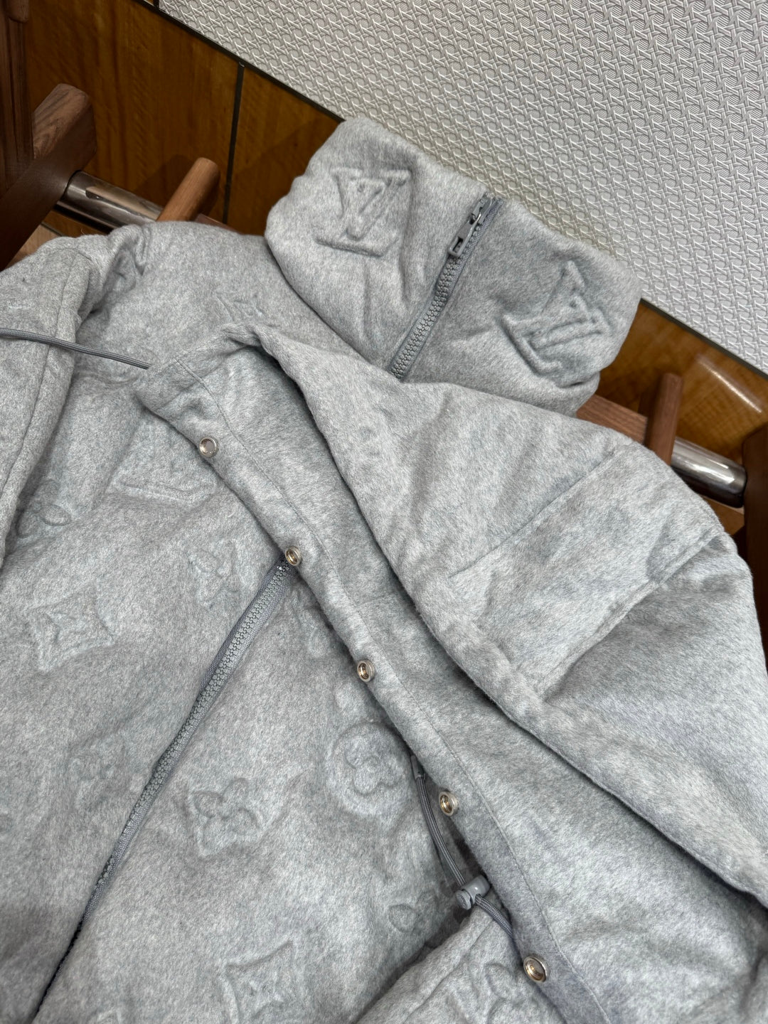 Louis Vuitton Show Full-Print Embossed Gray Logo Down  Winter Jacket