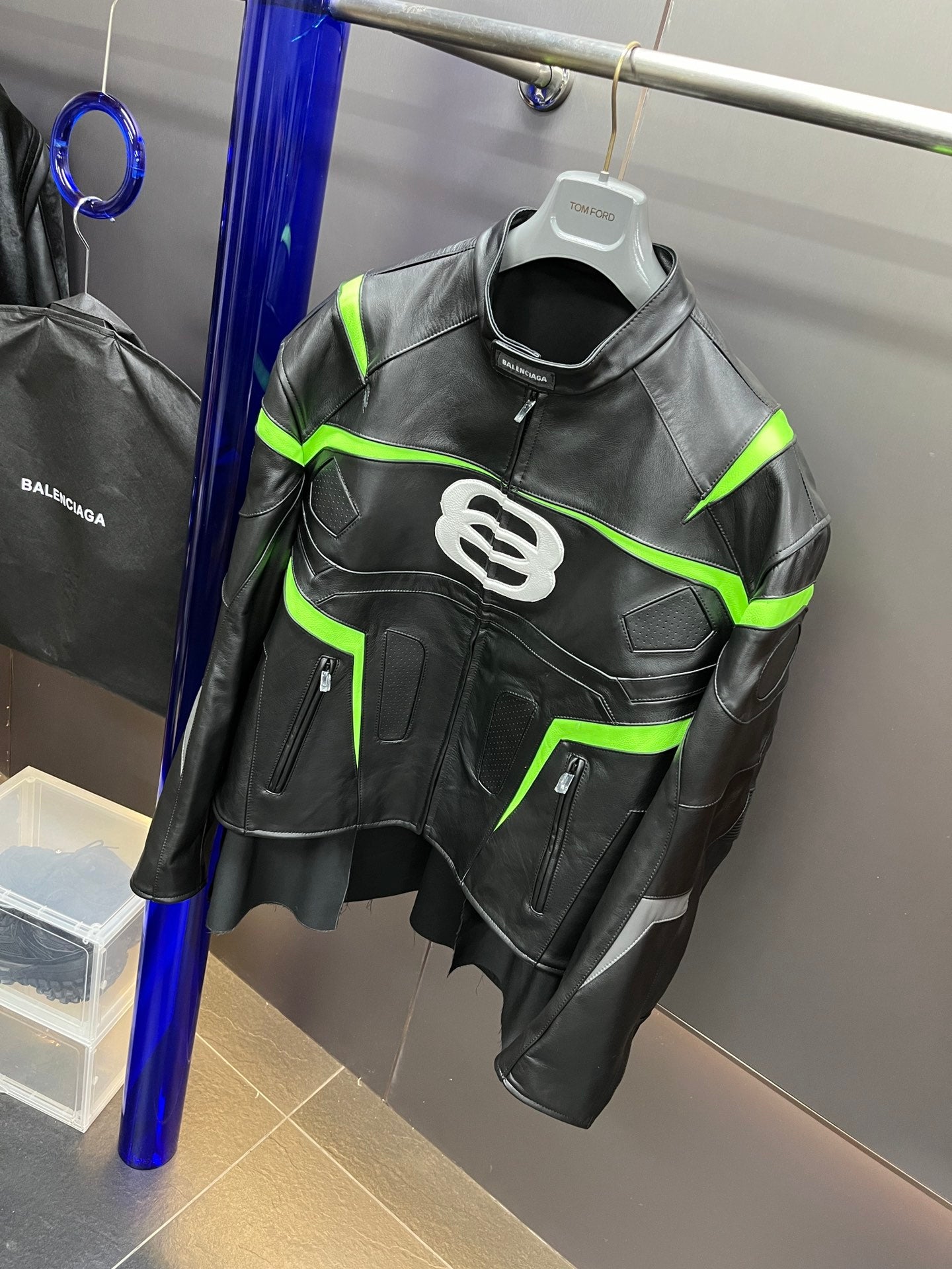 Balenciaga Oversized Leather Bikers Jacket – Jet Black / Neon