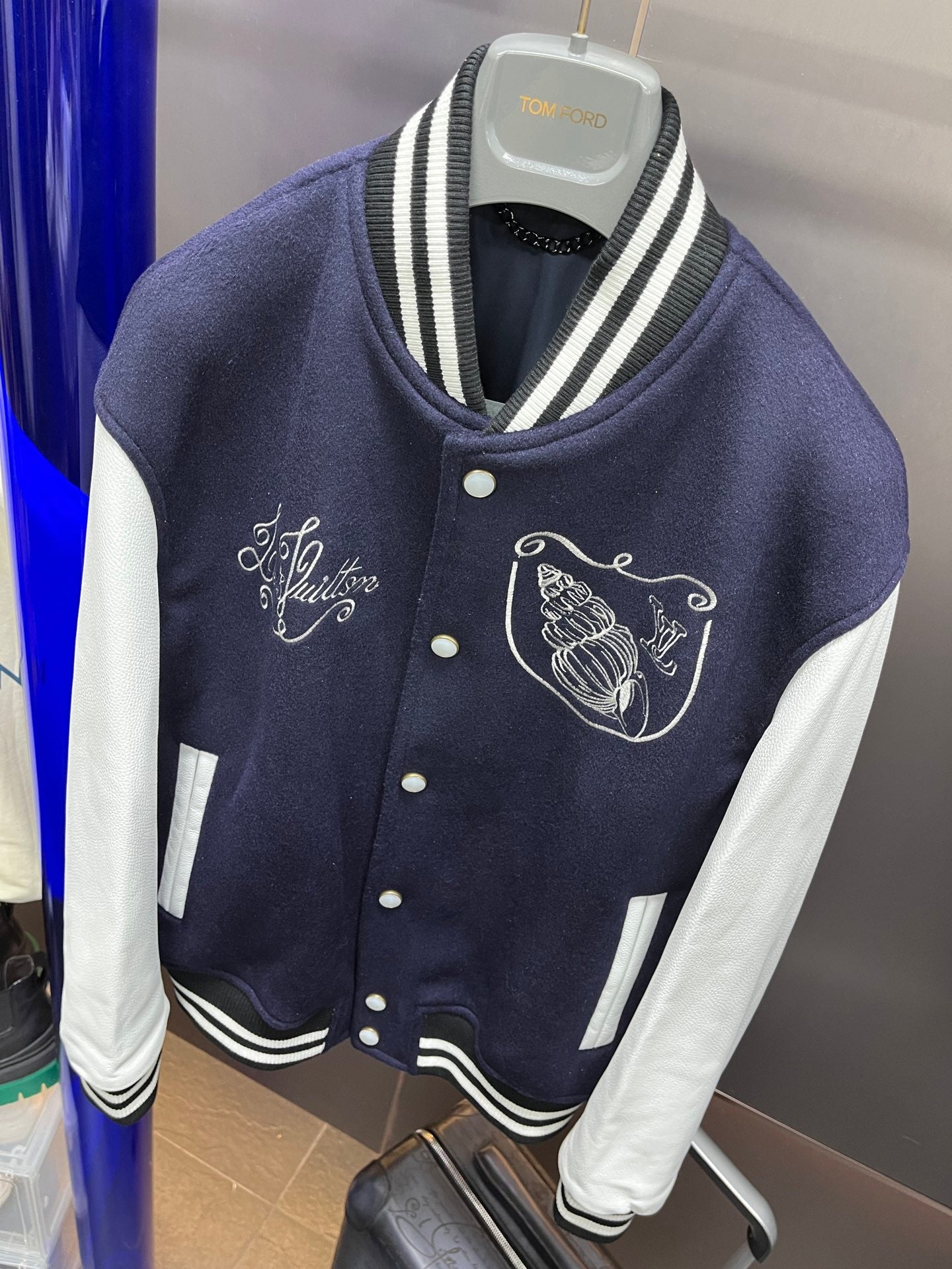 Louis Vuitton Calfskin Varsity Jacket – Navy & White Seashell Edition For Sale