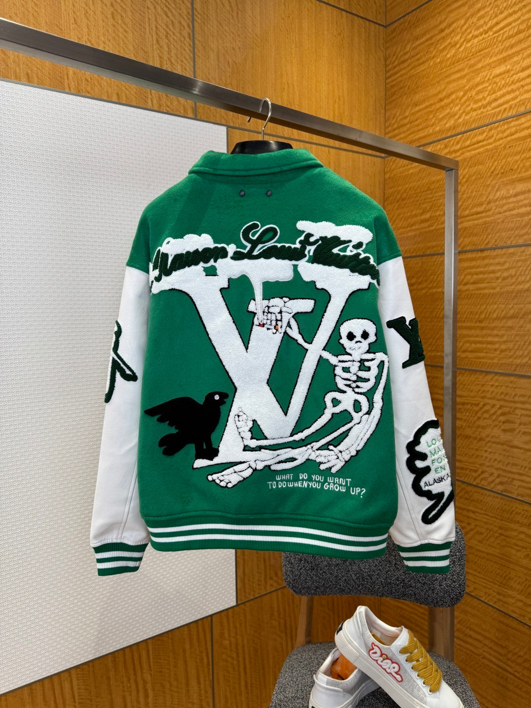 Louis Vuitton Virgil Abloh Green Varsity Leather Winter Jacket – Men’s FW21 For Sale