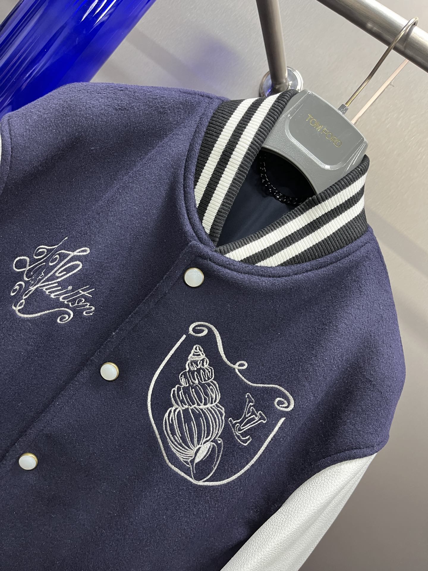 Louis Vuitton Calfskin Varsity Jacket – Navy & White Seashell Edition For Sale