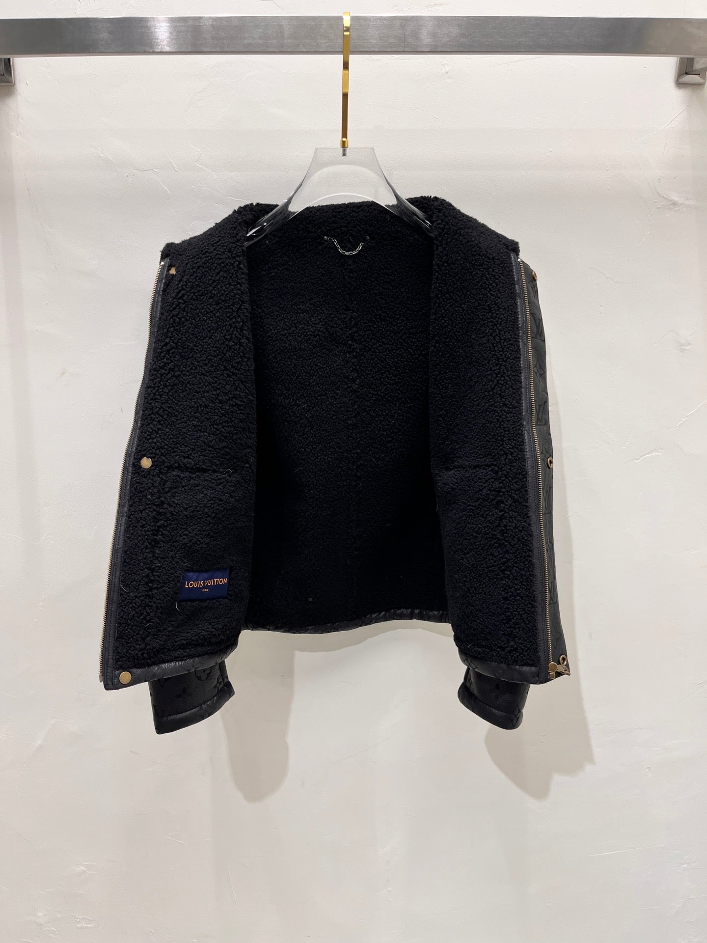 Louis Vuitton Black Full Monogram Shearling Leather Winter Jacket For Sale