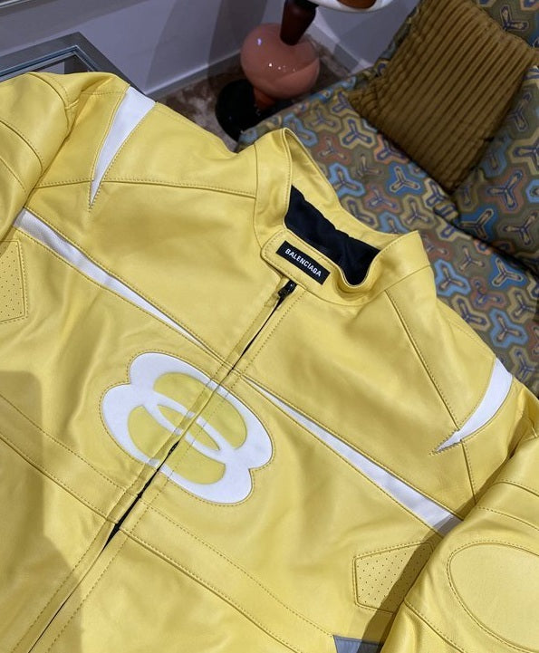 Balenciaga Racer Oversized Distressed Panelled Leather Jacket – Signal Yellow