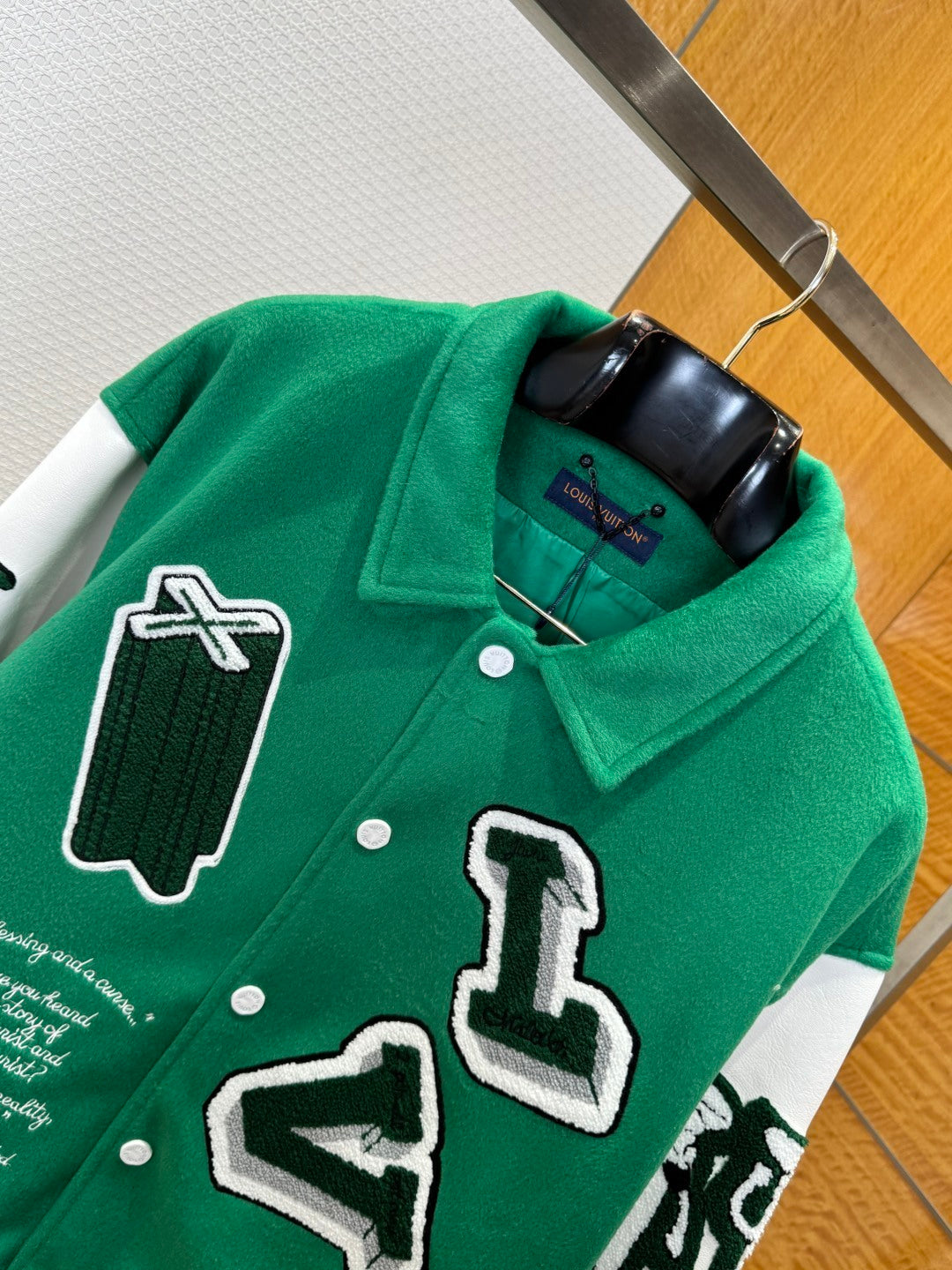 Louis Vuitton Virgil Abloh Green Varsity Leather Winter Jacket – Men’s FW21 For Sale