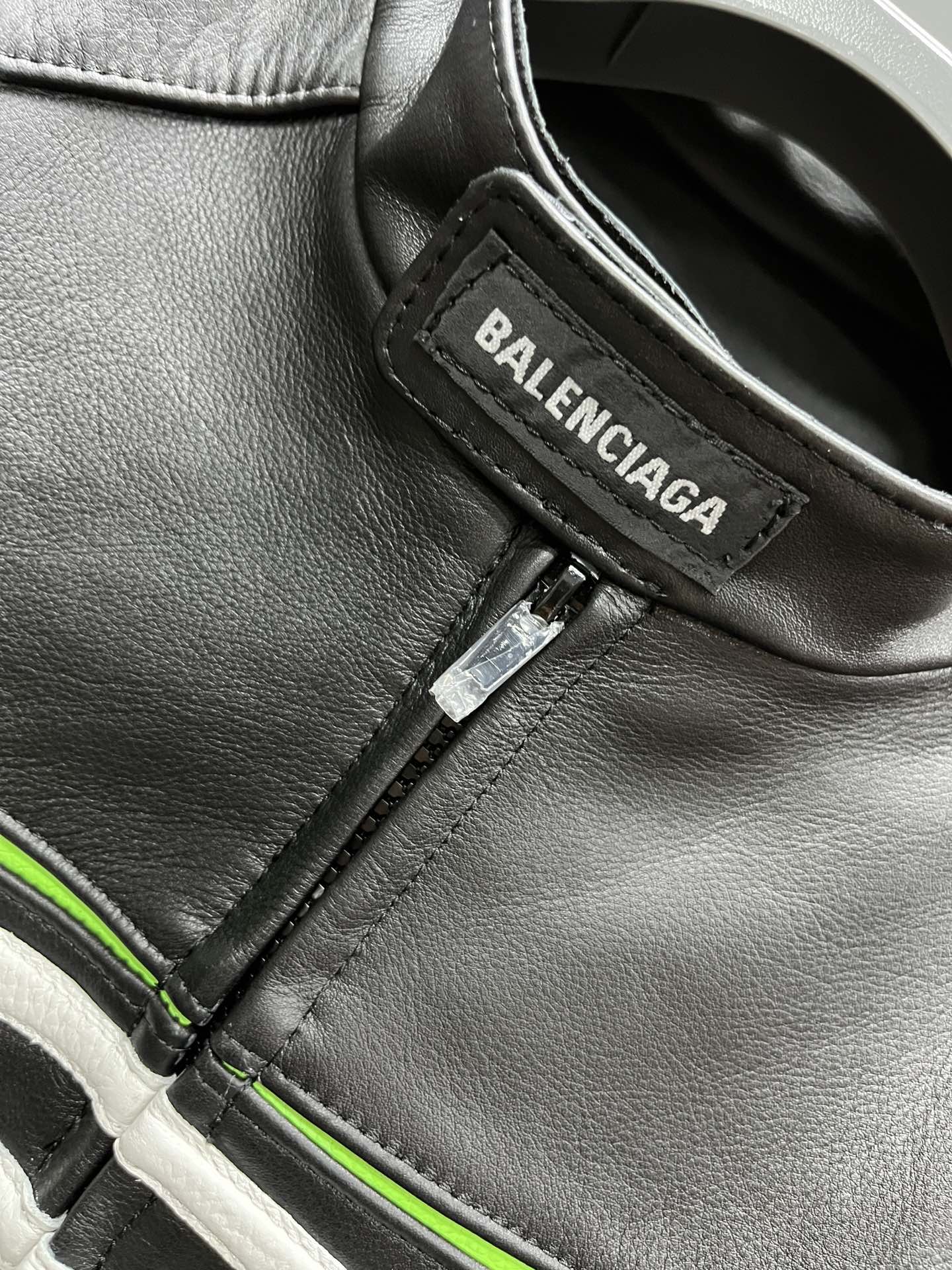 Balenciaga Oversized Leather Bikers Jacket – Jet Black / Neon