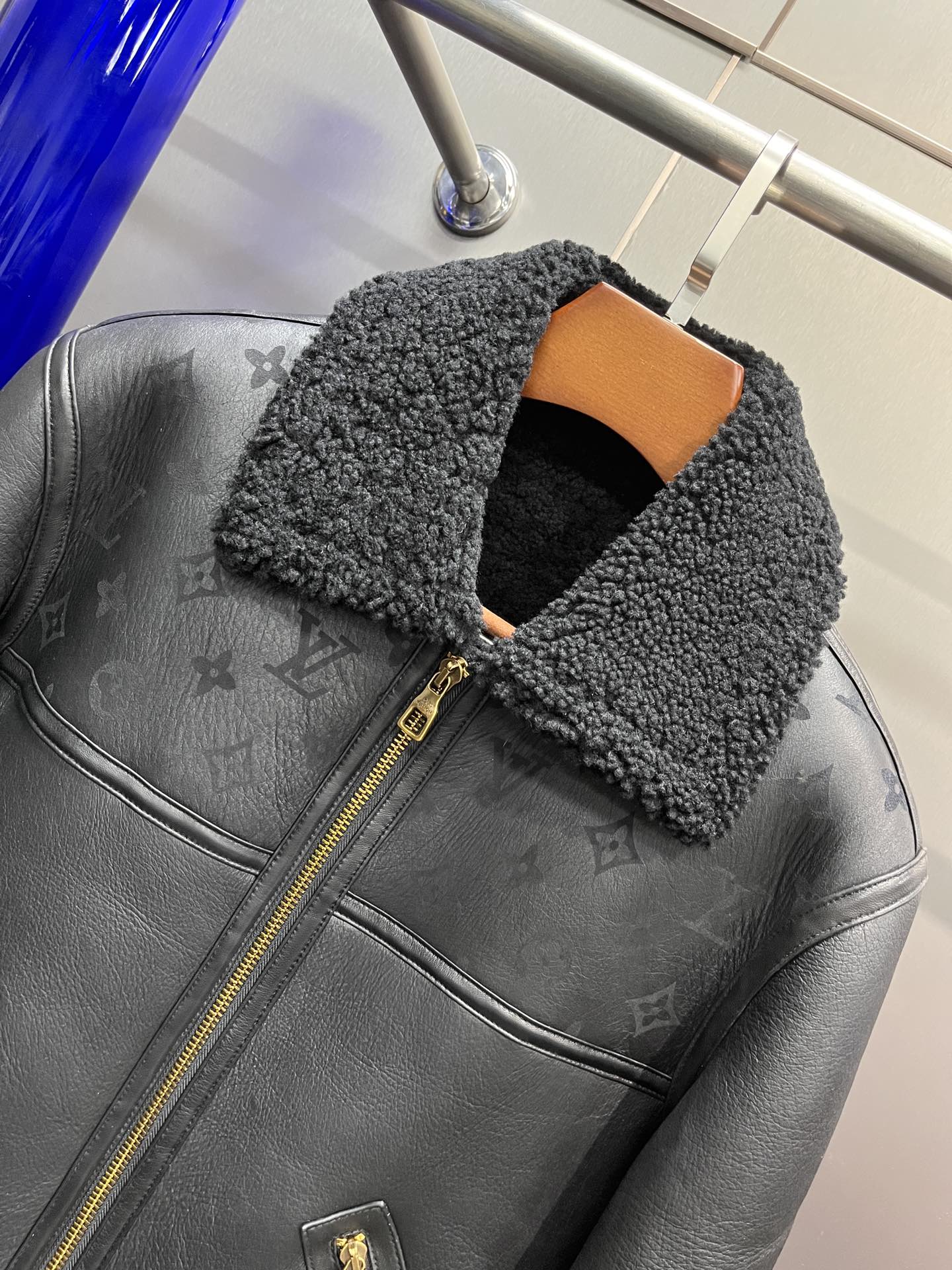 Louis Vuitton Black Monogram Shearling Leather Winter Jacket For Sale