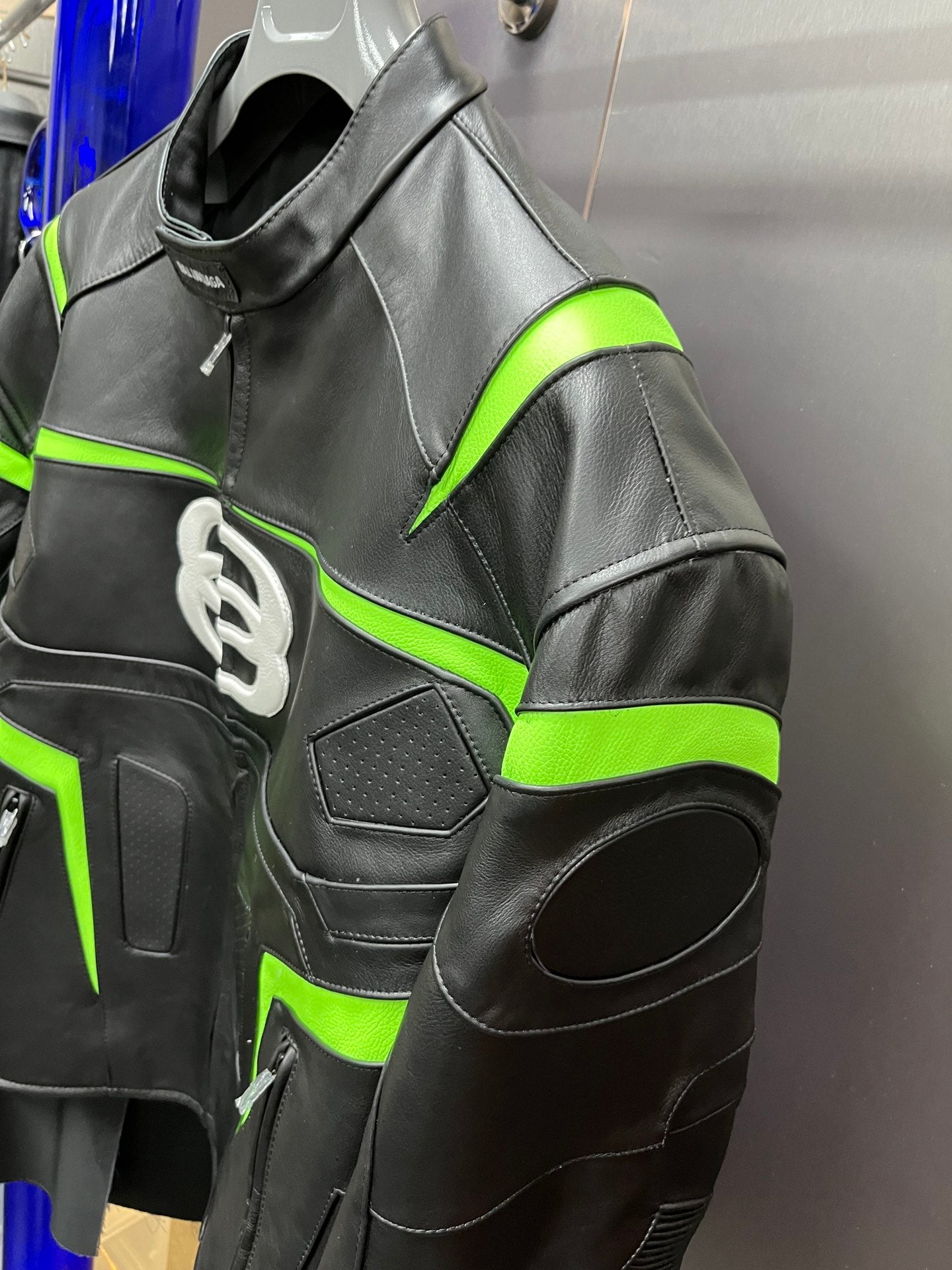 Balenciaga Oversized Leather Bikers Jacket – Jet Black / Neon