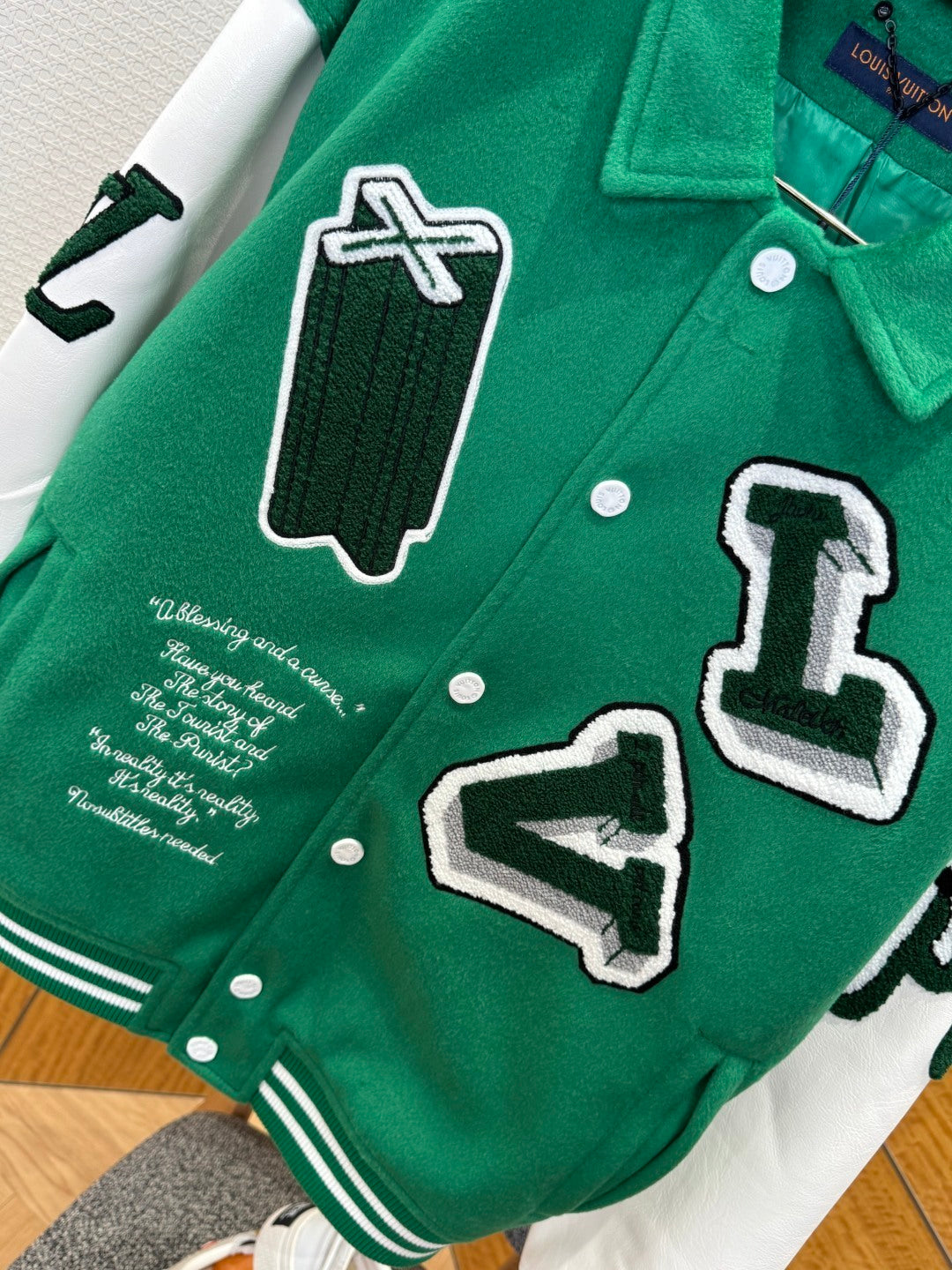 Louis Vuitton Virgil Abloh Green Varsity Leather Winter Jacket – Men’s FW21 For Sale