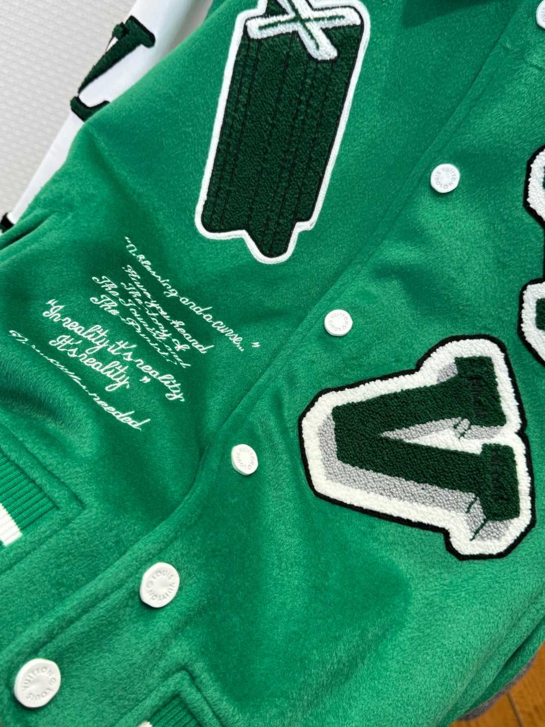 Louis Vuitton Virgil Abloh Green Varsity Leather Winter Jacket – Men’s FW21 For Sale