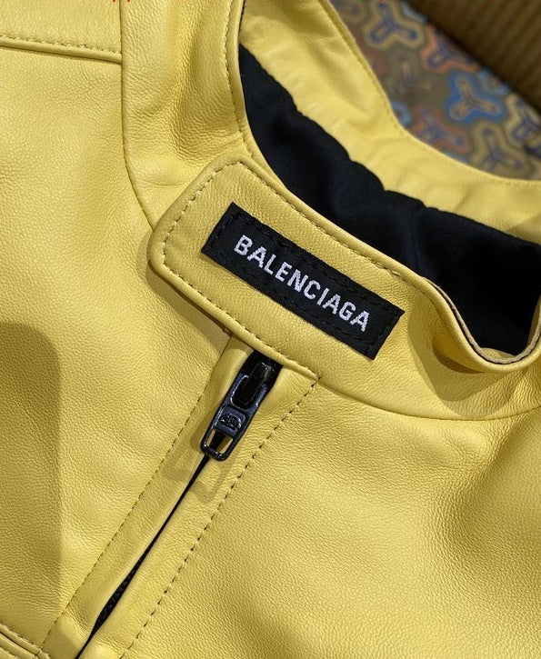Balenciaga Racer Oversized Distressed Panelled Leather Jacket – Signal Yellow