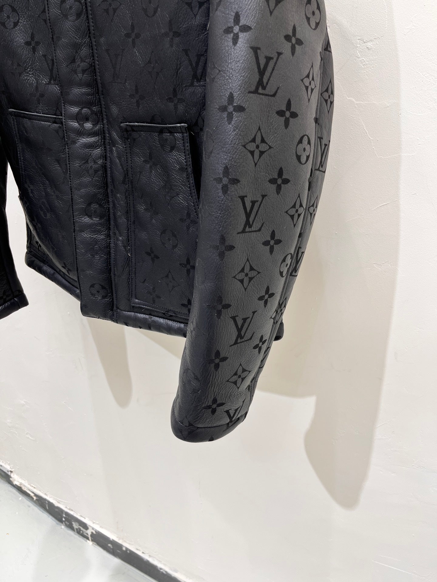 Louis Vuitton Black Full Monogram Shearling Leather Winter Jacket For Sale