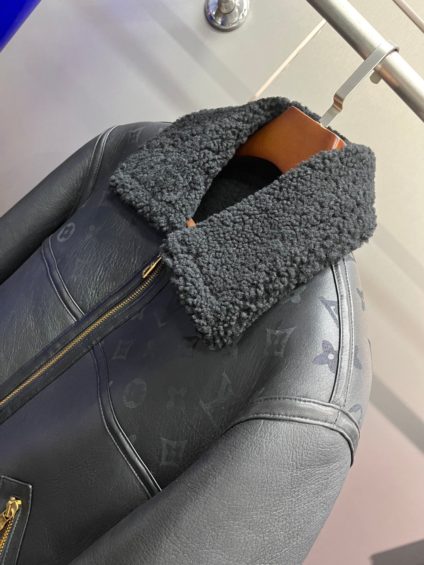 Louis Vuitton Black Monogram Shearling Leather Winter Jacket For Sale