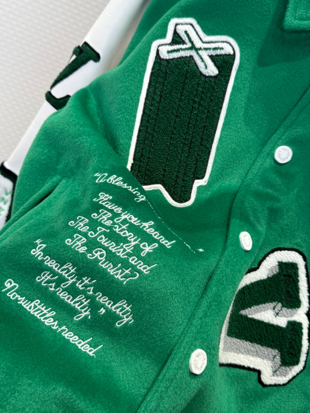 Louis Vuitton Virgil Abloh Green Varsity Leather Winter Jacket – Men’s FW21 For Sale