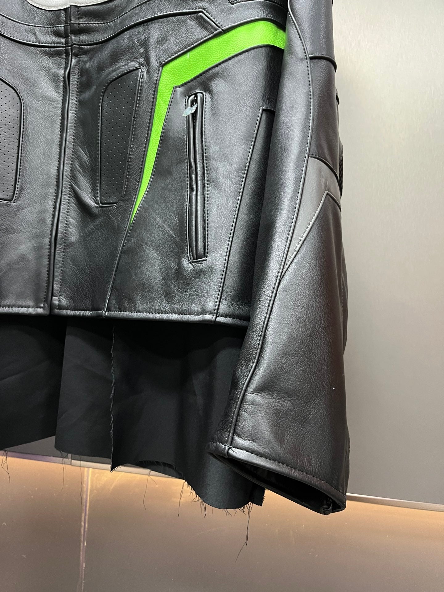 Balenciaga Oversized Leather Bikers Jacket – Jet Black / Neon
